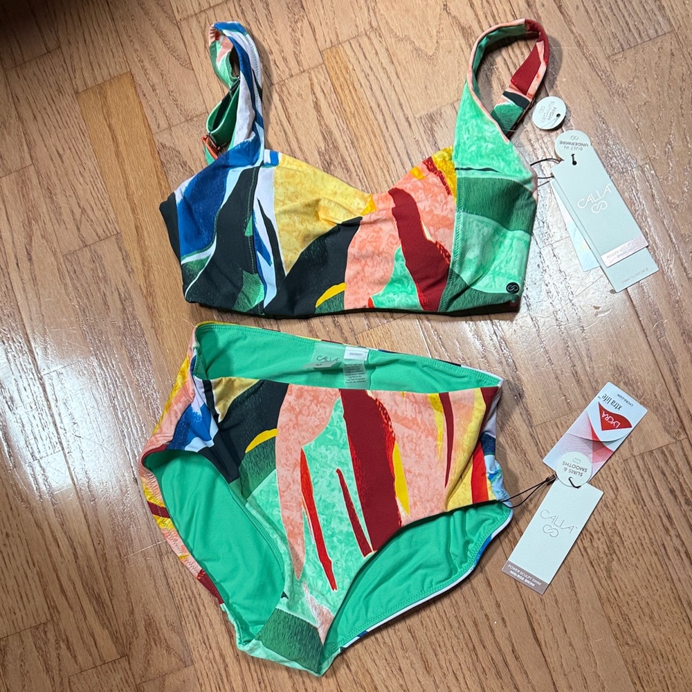 High-Waist Abstract Print 2 piece Bikini Set - Green Multi medium Lycra